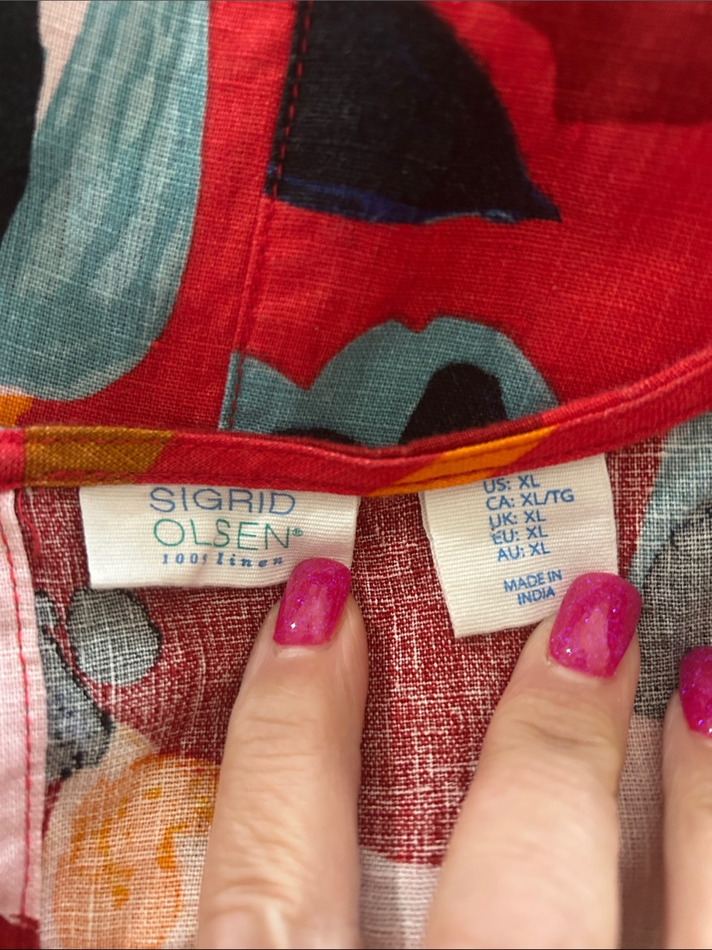 Sigrid Olsen Orange red tropical Island Floral 100% Linen dress knee high sizeXL - Picture 7 of 13